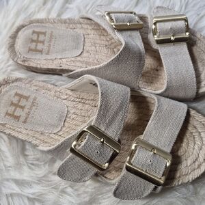 Haute Hippie Neutral Canvas Slide Sandals - Beige 7M Womens